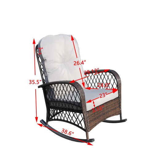 Outdoor Wicker Rocking Chair with Wide Seat, Thick, Soft Cushion, Rattan Rocker w/Steel Frame, High Weight Capacity for Patio, Garden, Backyard, Grey Cushion