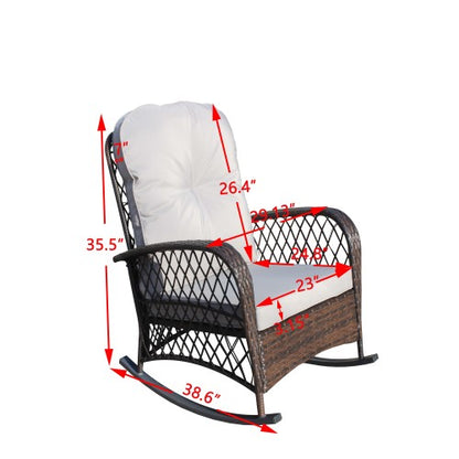 Outdoor Wicker Rocking Chair with Wide Seat, Thick, Soft Cushion, Rattan Rocker w/Steel Frame, High Weight Capacity for Patio, Garden, Backyard, Grey Cushion
