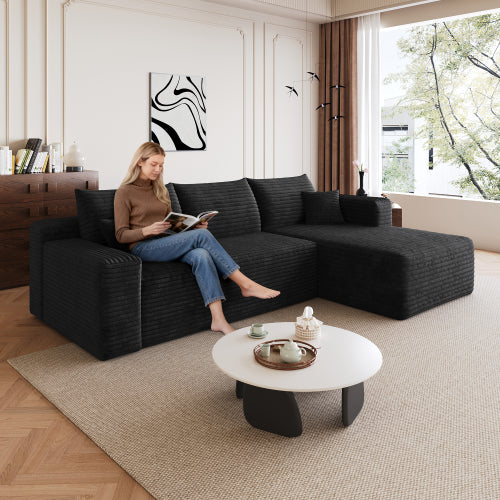 95-Inch Black Plush Corduroy U-Shaped Cloud Modular Sectional Deep-Seat Corner Sofa No-Assembly for Living-Room