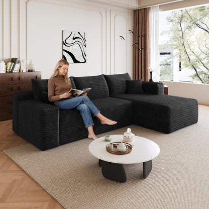95-Inch Black Plush Corduroy U-Shaped Cloud Modular Sectional Deep-Seat Corner Sofa No-Assembly for Living-Room