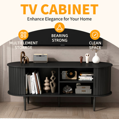 47 Inch Black Mid-Century TV Stand Sliding Fluted Door MDF Media Console with Metal Legs