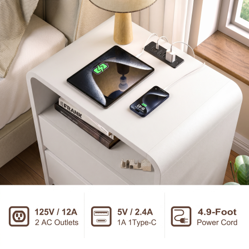 White Smooth 2-Drawer Nightstand with Charging Station, Mid-Century USB Bedside Table
