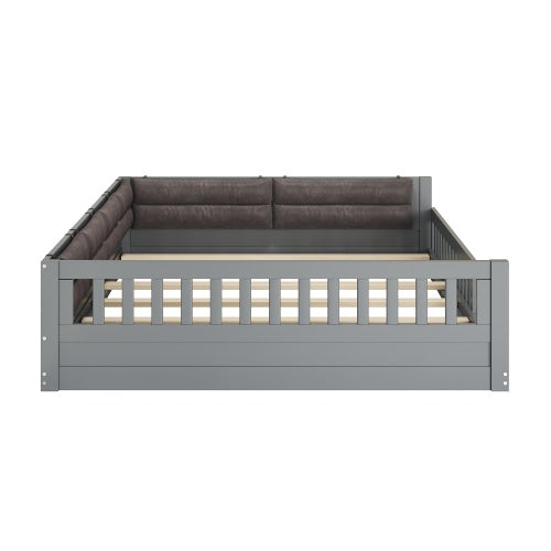 Wood Full Size Upholstered Platform Bed with Guardrail and Pillow, Gray