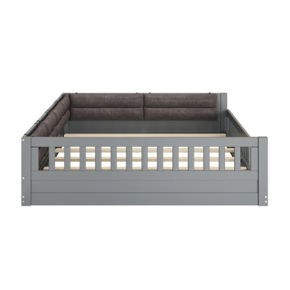 Wood Full Size Upholstered Platform Bed with Guardrail and Pillow, Gray