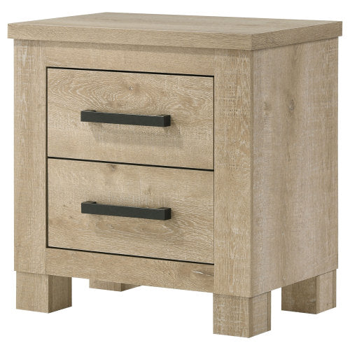 Weathered Oak 2-Drawer Farmhouse Nightstand, Engineered Wood Bedside Table with Dark Bronze Pulls