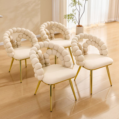 2 Pack Beige Velvet Dining Chairs, Bubble Cushion Back Accent Chairs with Gold Finished Metal Legs