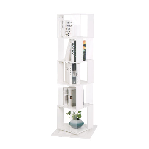 5-Tier 360° Rotating Bookshelf Wood Veneer & Acrylic Panel Anti-Tip Base Modern Home Display Storage Rack