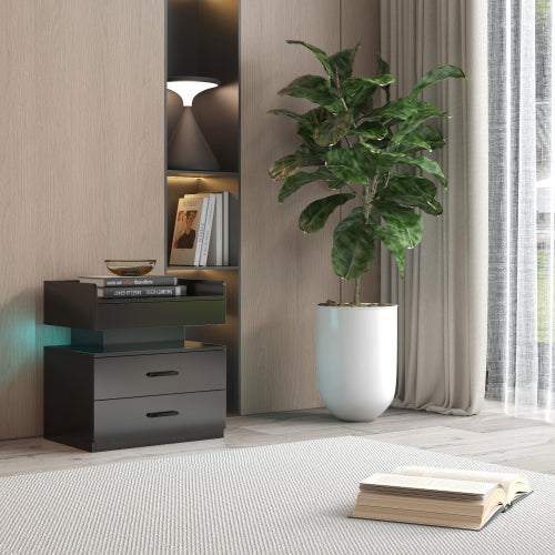LED Nightstand with Remote Control Light, 2 Sliding Drawers Multi-Functional Side Table
