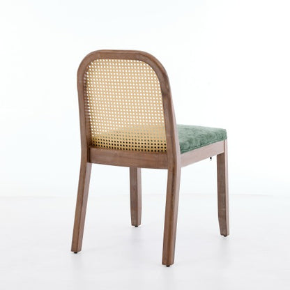 Set of 2 Green Curved Arched Cane Back Farmhouse Dining Chairs, Distressed Solid Wood Frame S-Spring Chenille Cushion