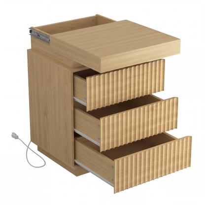 2 Pack Natural Nightstand, Sliding Top Charging Station & RGB LED with Fluted Drawers