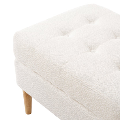 Ivory Tufted Boucle Ottoman with Solid Rubberwood Legs, 350+ LBS Low Profile Multifunctional Accent Stool