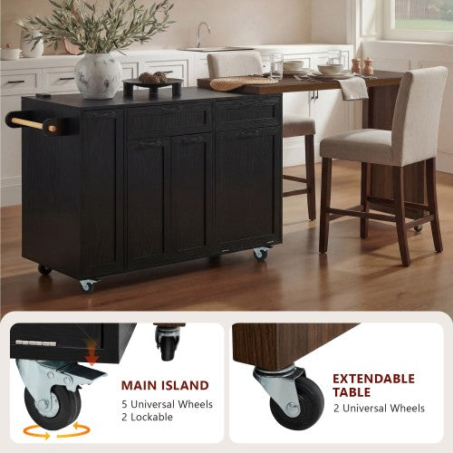 102 Inch Kitchen Island with Extendable Dining Table & Trash Storage Black
