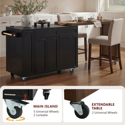102 Inch Kitchen Island with Extendable Dining Table & Trash Storage Black