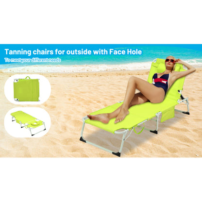 3-in-1 Heavy Duty Tanning Chair with Face Hole Adjustable 5-Position Folding Chaise Lounge Chairs for Outside Portable Lay Flat Beach Lounge Chair for Outdoor Sunbathing Patio Pool Lawn Camping Deck P