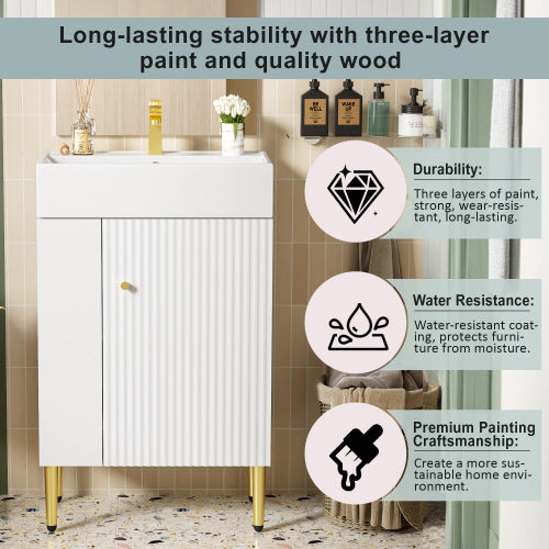 21.6" white Bathroom vanity, Combo Cabinet, Bathroom Storage Cabinet, Single Ceramic Sink, Left side storage