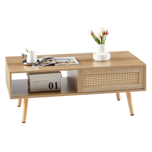 41.34inch  Rattan Rectangular Coffee Table with Sliding Door, Natural