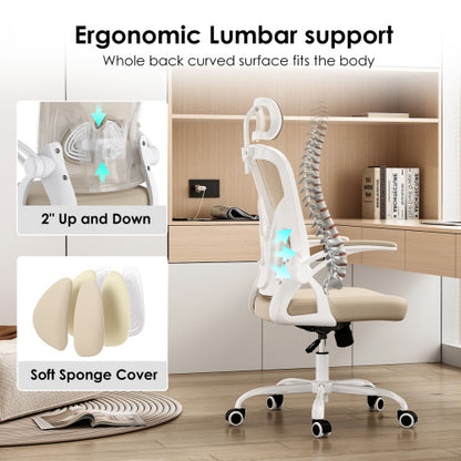 Ergonomic Office Chair, Home Office Desk Chair with Headrest, High Back Computer Chair with Armrests and Adjustable Lumbar Support for Home Office Study Room,White & Khaki