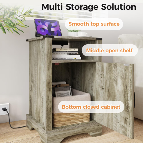 Warm Grey Farmhouse Nightstand with Charging Cabinet