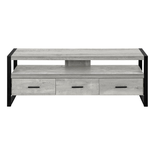 60 Inch Rustic Grey Industrial TV Stand with Black Metal Frame & 3 Metal Glide Drawers