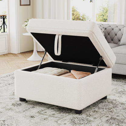 Beige Chenille Movable Storage Ottoman Footrest, 26.6 inchD x32.1 inchW x19.3 inchH, 250 LBS Capacity for Bedroom & Living Room