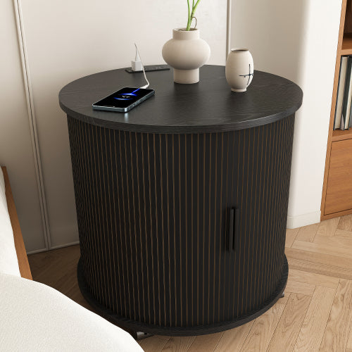 Black Cylinder Nightstand, Mid-Century Round End Table with Charging Station & 2-Tier Storage