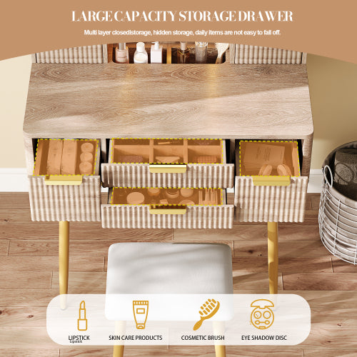 4-Drawer Vanity Desk with LED Mirror & Carved Details, Fluted Makeup Table with Metal Legs and PU Stool, Carved Dressing Table with Jewelry Storage for Bedroom