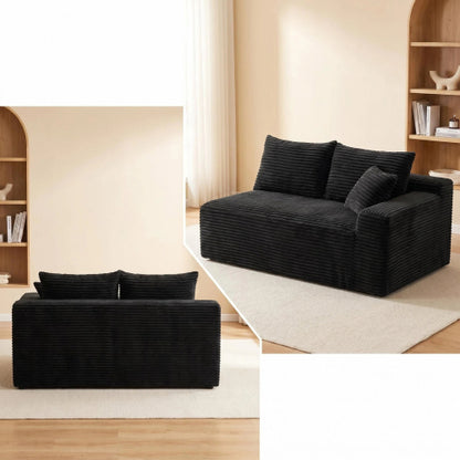 Black Corduroy Leg-Free Floor-Hugging Compressed Armless 2-Seater Loveseat Sofa for Small Apartment Living-Room