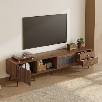 76 Inch Modern TV Stand with Glass Doors Wood Grain Media Console