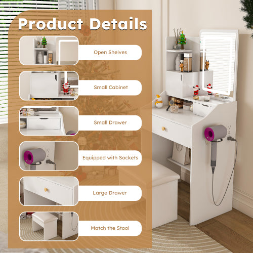 White 3-Color LED Vanity Mirror with Stool, 2 Drawers & 5 Storage Cabinets (4 Open + 1 Hidden), Adjustable Lighting