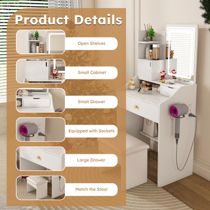 White 3-Color LED Vanity Mirror with Stool, 2 Drawers & 5 Storage Cabinets (4 Open + 1 Hidden), Adjustable Lighting