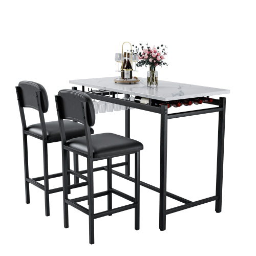 3-Piece Rustic Black Bar Set, Marble Surface Table & 2 Grey PU Chairs
