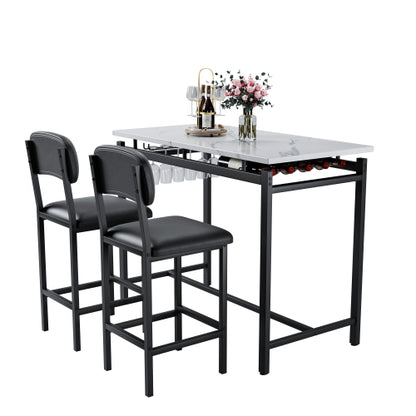 3-Piece Rustic Black Bar Set, Marble Surface Table & 2 Grey PU Chairs