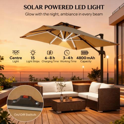 Outdoor Umbrellas,Offset Hanging Umbrella,Solar LED Cantilever Umbrella,with 360°Rotation,Cross Base,Ribs,Tilt and Crank