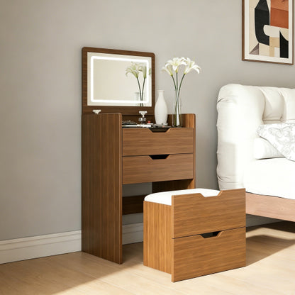 Walnut 3?in?1 Flip?Top Lighted Vanity Desk 18.9 inch L, Shatter?Proof HD Mirror, Storage Stool