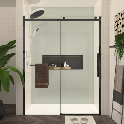 S-RM6076TB 56-60"W x 76"H Sliding Shower Door, 8mm Frameless Glass Shower Door with Matte Black Hardware, Towel Bar and Handle,Drop Shipping available
