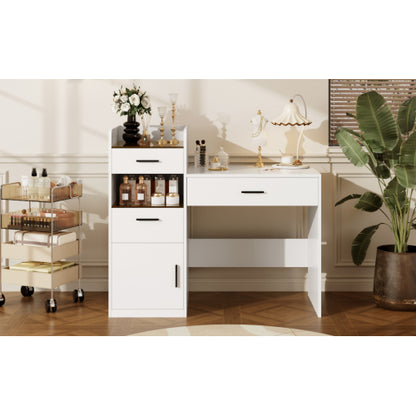 White 3in1 Flip-Top Vanity Desk, Amber Glass Top, Adjustable Dividers, Hidden Storage Cabinet
