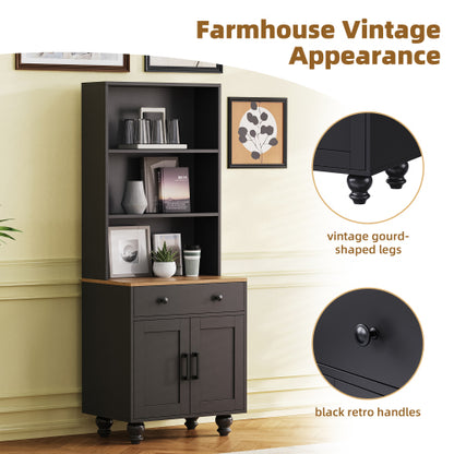 Black Farmhouse Tall Storage Cabinet With Gourd-Shaped Solid Wood Legs
