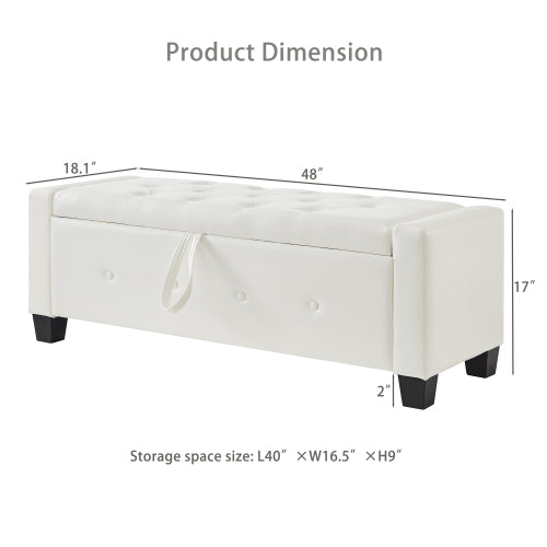48'' Storage Ottoman Bench Tufted Faux Leather Upholstered Bench Ivory White