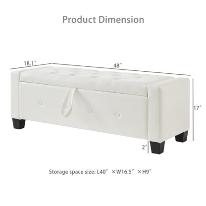 48'' Storage Ottoman Bench Tufted Faux Leather Upholstered Bench Ivory White