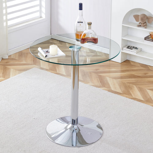 A glass tabletop with a diameter of 35 inches and a modern minimalist circular dining table with electroplated silver metal legs. Suitable for restaurants, living rooms, and conference rooms.