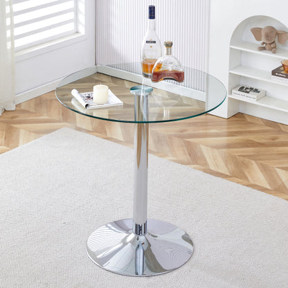 A glass tabletop with a diameter of 35 inches and a modern minimalist circular dining table with electroplated silver metal legs. Suitable for restaurants, living rooms, and conference rooms.