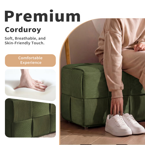 Green Square Corduroy Woven Ottoman, 300 LBS Engineered Wood Frame No-Assembly Vanity Foot Stool