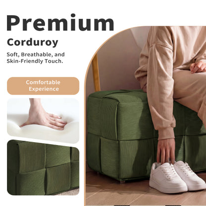 Green Square Corduroy Woven Ottoman, 300 LBS Engineered Wood Frame No-Assembly Vanity Foot Stool