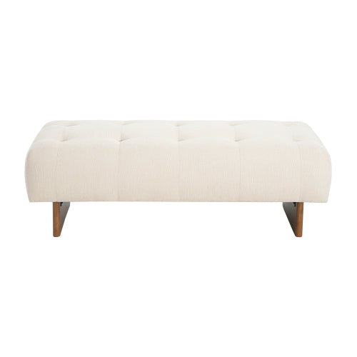 Beige Tufted Rectangular Linen Ottoman Bench, Upholstered Fabric Foot Stool with Rubber Wood Legs for Entryway & Bedroom