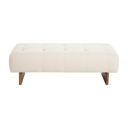 Beige Tufted Rectangular Linen Ottoman Bench, Upholstered Fabric Foot Stool with Rubber Wood Legs for Entryway & Bedroom