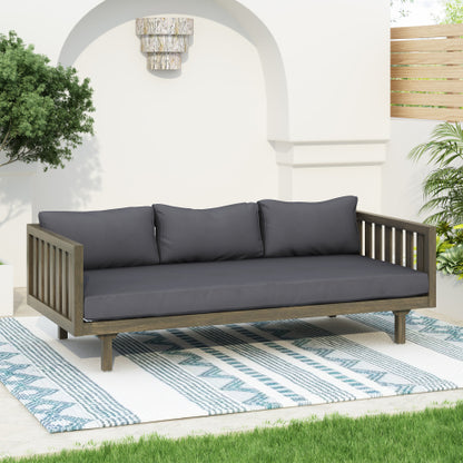 Acacia Wood Patio Furniture Set, Outdoor Grey Finish 3 Seater Daybed(with Water Resistant Thick Cushions)and Round Coffee Table, Dark Grey Cushion
