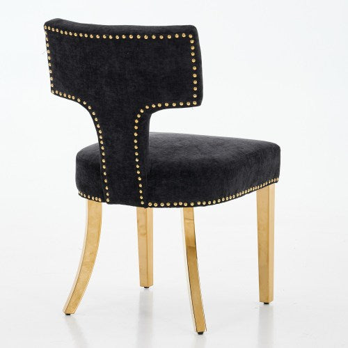 Set of 2 Black Mid-Century Farmhouse Dining Chairs, Copper Nail Curved Back Golden Plated Stainless Steel Legs 300lbs Capacity