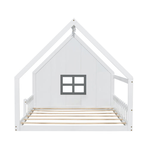 Full Size Wood House Bed with Window and Fence, White