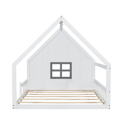 Full Size Wood House Bed with Window and Fence, White