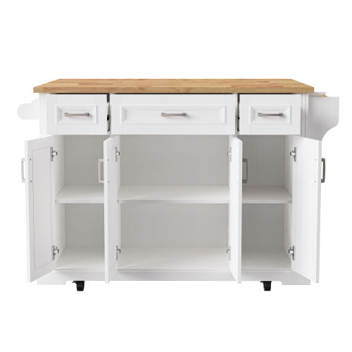 54 Inch Rolling Kitchen Island with Drop Leaf Drawers & Wheels White